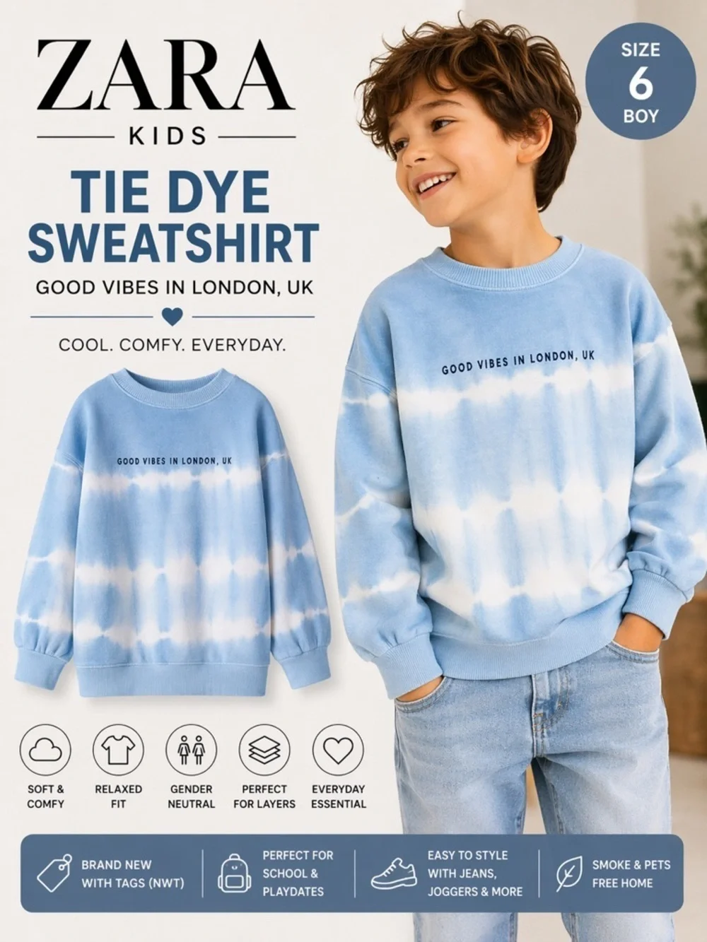 ZARA Kids Blue Tie Dye Good Vibes Sweatshirt NWT Boy Size 6